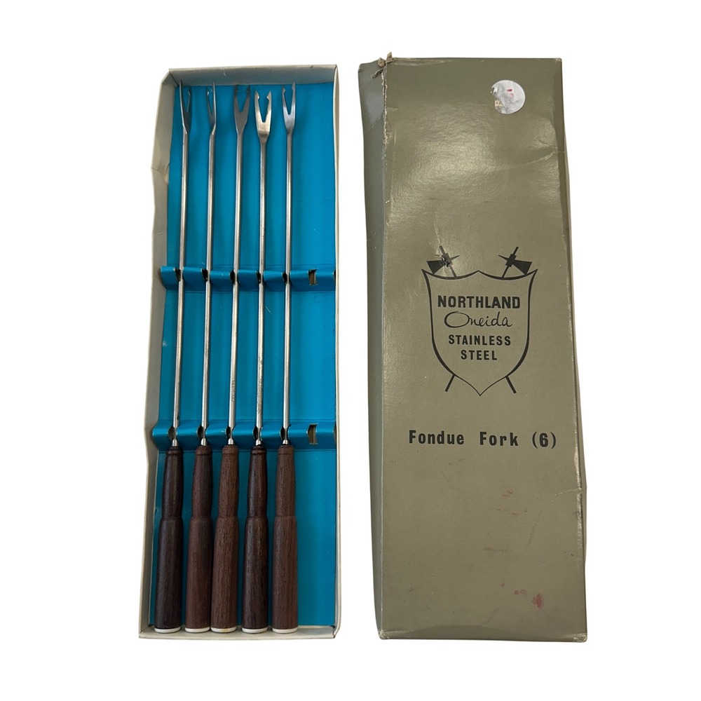 Vintage Northland Oneida Fondue Forks Set of 5 Stainless Steel Wood Handles